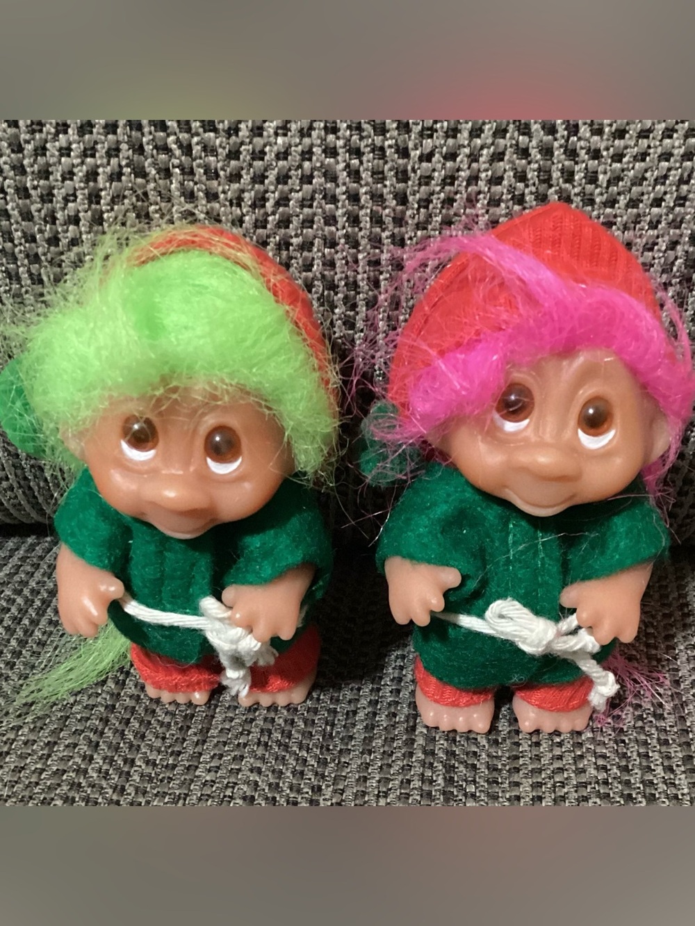 Vintage Elf Troll 3β Doll Norfin Dam, Felt Costume, Pink Green Hair 1985 Set/2